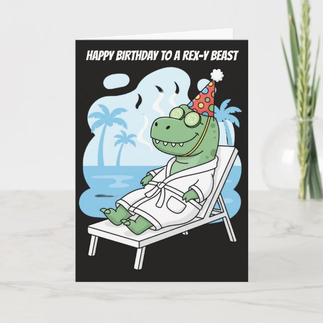 Spa Day T-Rex Birthday Hat Funny Dinosaur Card (Front)