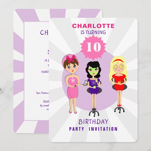 Spa Pamper Girly Kids Cute Birthday Party Invitati Invitation (Front/Back)