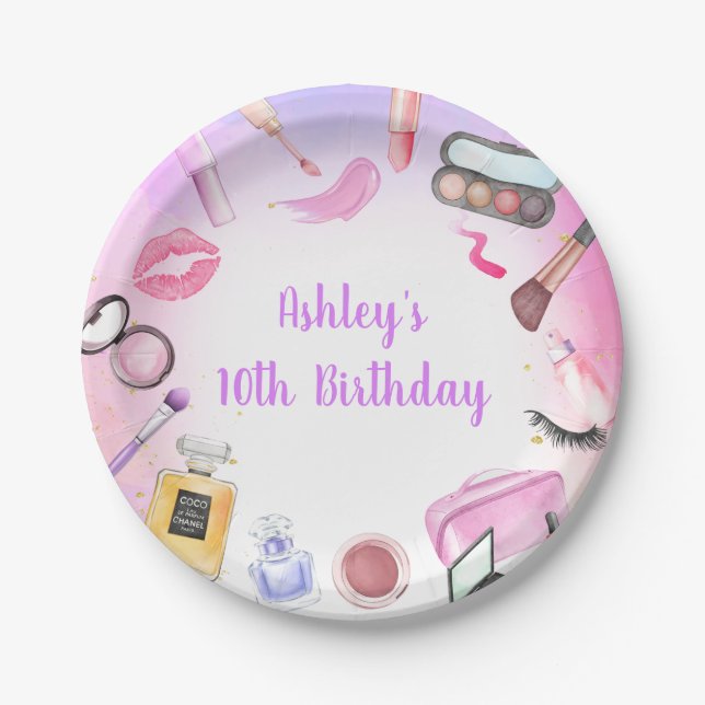 Spa Party Girl Glamour Makeup Birthday Paper Plate (Front)