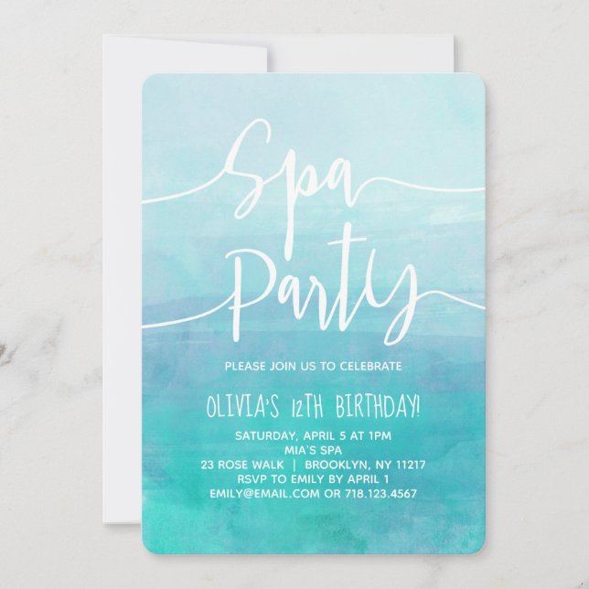 Spa Party Invitation Blue Watercolor Spa Birthday (Front)