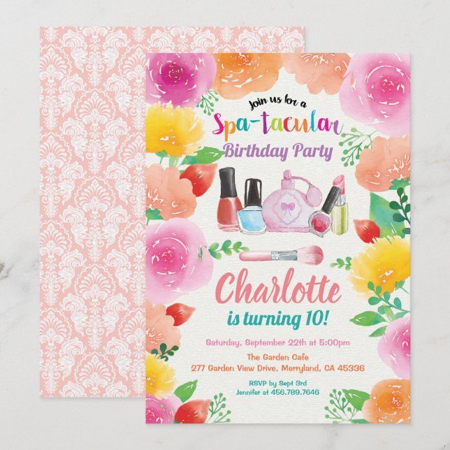 Spa party invitation. Girl birthday party floral Invitation (Front/Back)