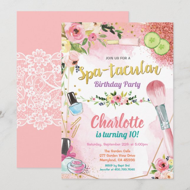 Spa party invitation. Girl birthday party floral Invitation (Front/Back)