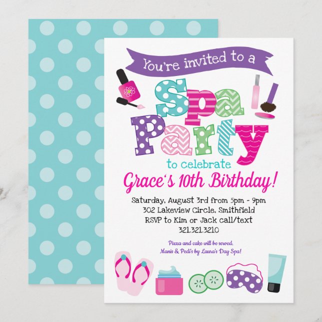 Spa Party Invitation - Kids Birthday Spa Party (Front/Back)