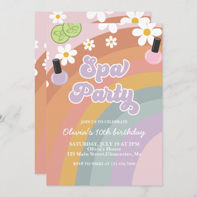 Spa Party retro Rainbow Birthday Invitation (Front/Back)