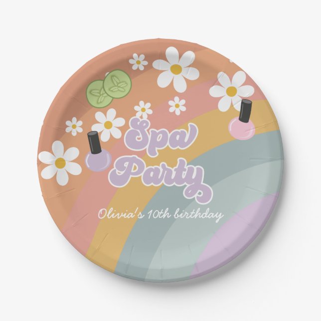 Spa Party Retro Rainbow Birthday Paper Plate (Front)