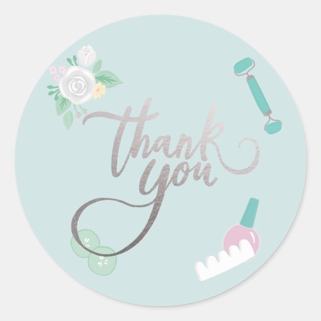 Spa Party Thank you design faux-silver/blue Classic Round Sticker (Front)