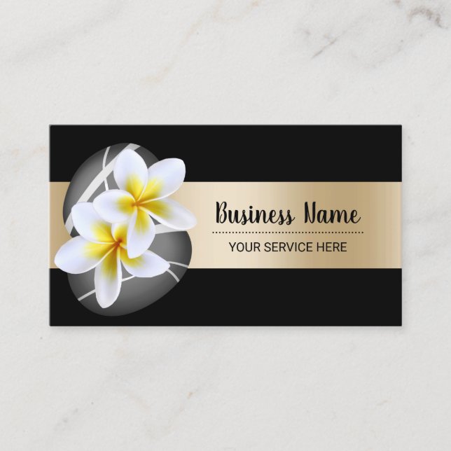 Spa Plumeria Flowers Stones Gold Bar Beauty Salon Business Card (Front)