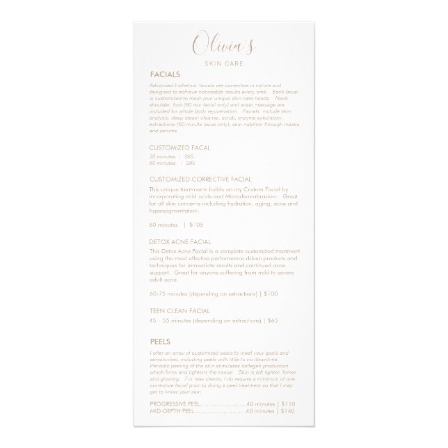 Spa Skincare White Service Price Menu (Front)