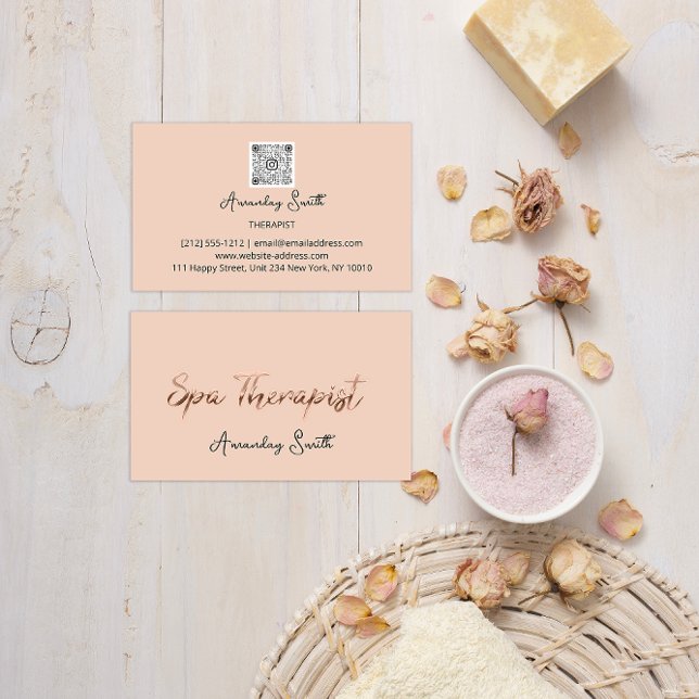 SPA Therapist Golden Script QR Code Logo Rose  Business Card (SPA Therapist Golden Script QR Code Logo Rose Business Card)