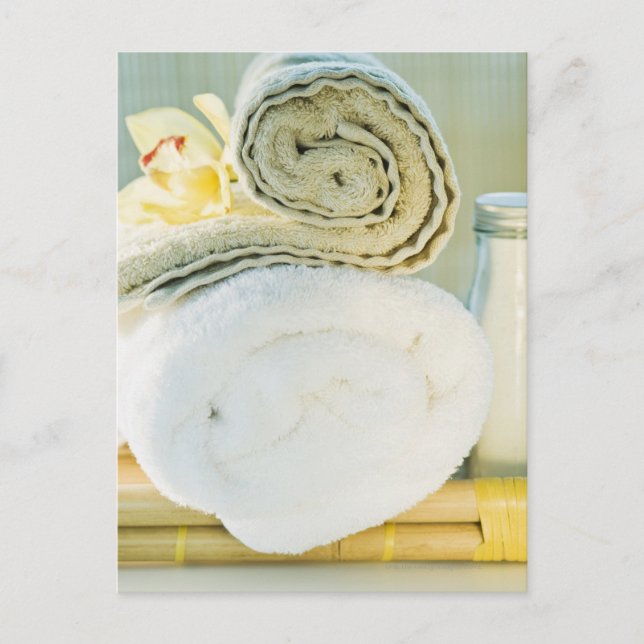 Spa towels and tropical flower postcard (Front)
