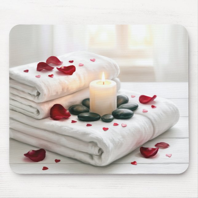 Spa Towels with Red Rose Petals and Hearts Mouse Mat (Front)