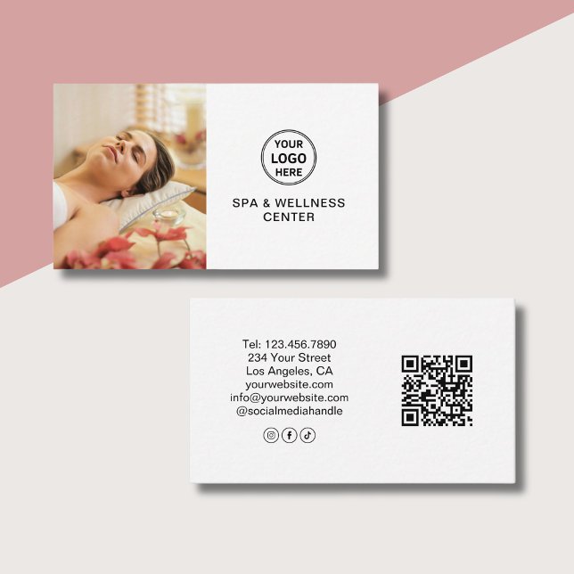 Spa Wellness Centre Custom Logo Photo QR White Business Card (Spa Wellness Center Custom Logo Photo QR White Business Card)