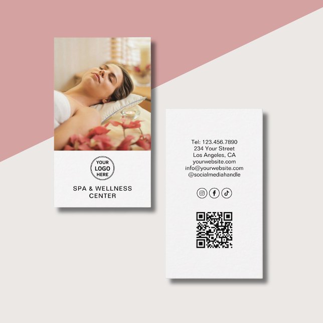 Spa Wellness Centre Custom Logo Photo QR White Business Card (Spa Wellness Center Custom Logo Photo QR White Business Card)