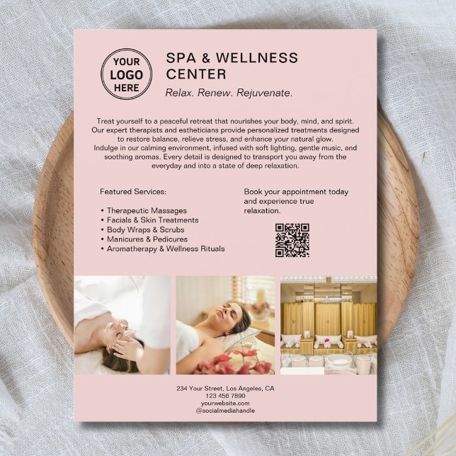 Spa Wellness Centre Custom Logo QR Pink Business Flyer (Spa Wellness Center Custom Logo QR Pink Business Flyer)