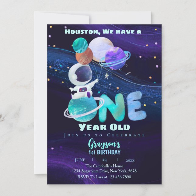 Space 1st Birthday Galaxy Outer Space Invitation (Front)