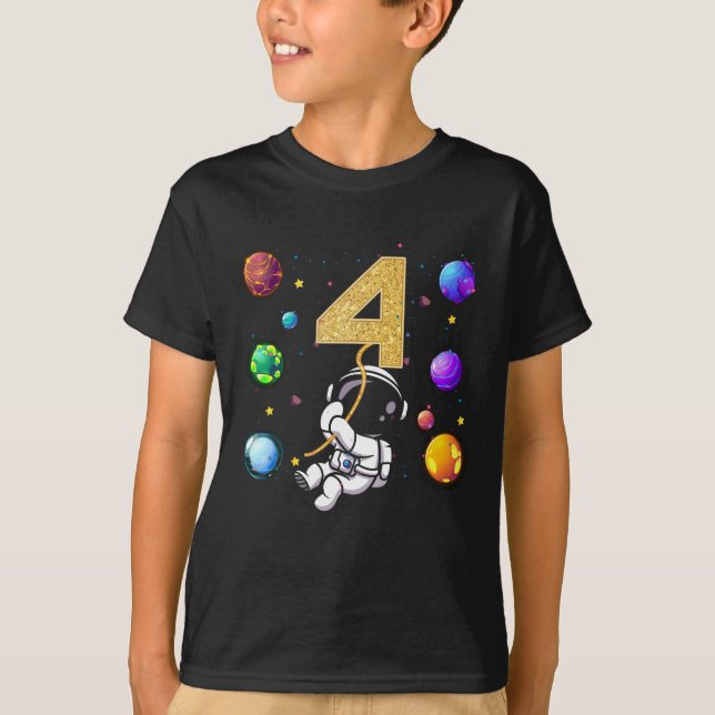 Space 4 Years Old 4th Birthday Planets Astronaut T-Shirt (Front)