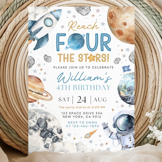 Space 4th Birthday Inviation, Rech Four The Stars Invitation (Creator Uploaded)