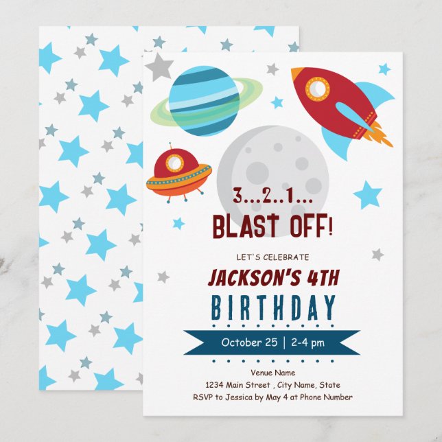 Space 4th Birthday  Invitation (Front/Back)