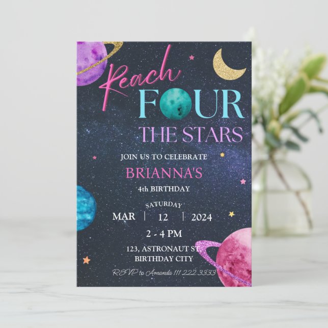 Space 4th Reach Four the Stars Birthday Girl Invitation (Standing Front)
