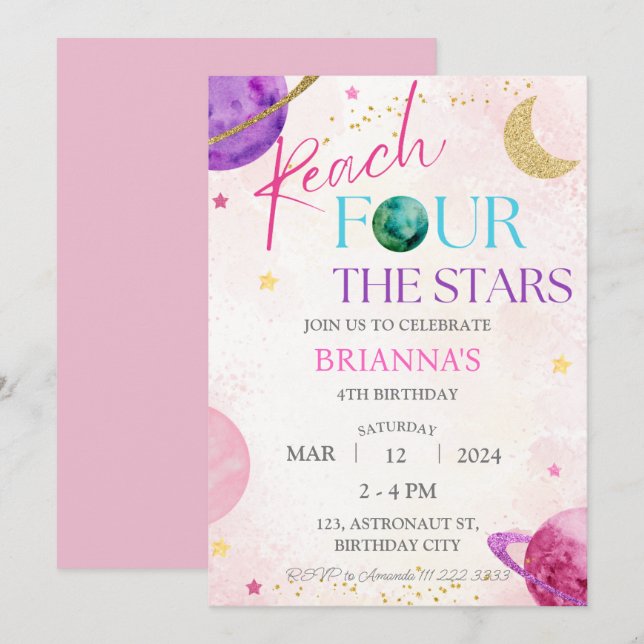 Space 4th Reach Four the Stars Birthday Girl Invitation (Front/Back)
