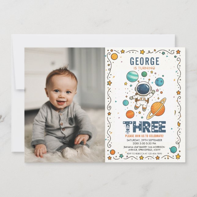 Space Adventure 3rd birthday | Outer Space photo Invitation (Front)