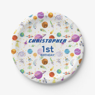 Space adventure birthday paper plate