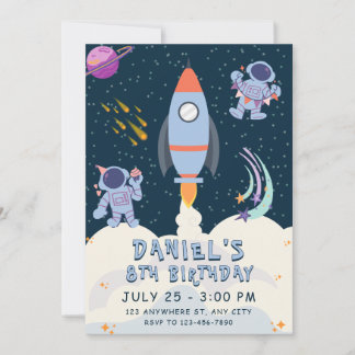 Space Adventure Birthday with Rocket and Astronaut Invitation