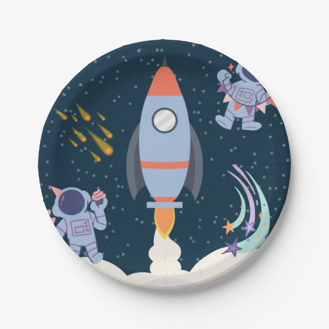 Space Adventure Birthday With Rocket And Astronaut Paper Plate (Front)