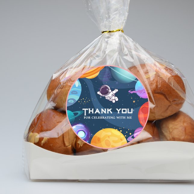 Space Adventure:Blue Astronaut Kids Birthday Party Classic Round Sticker (In use)