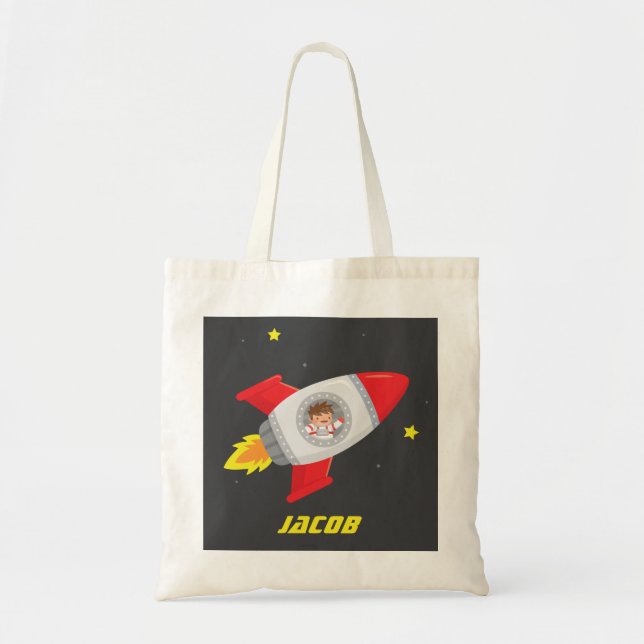 Space Adventure Boy Rocket Kids Name Tote Bag (Front)
