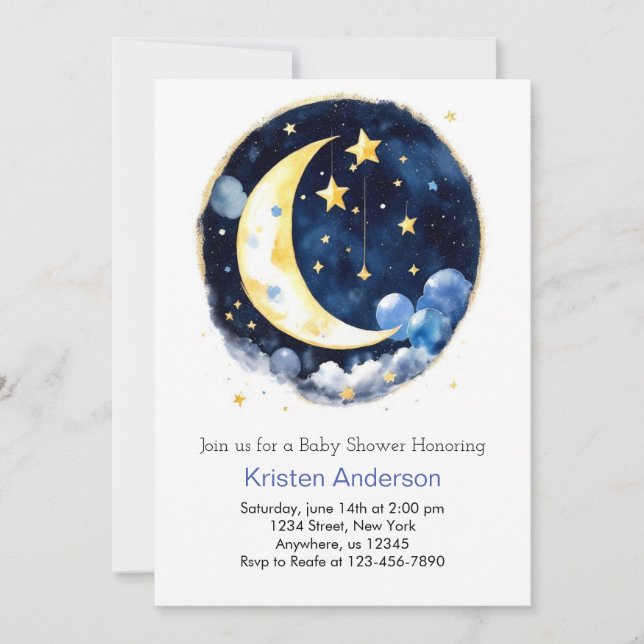 Space Adventure Moon and Stars Boy Baby Shower Invitation (Front)