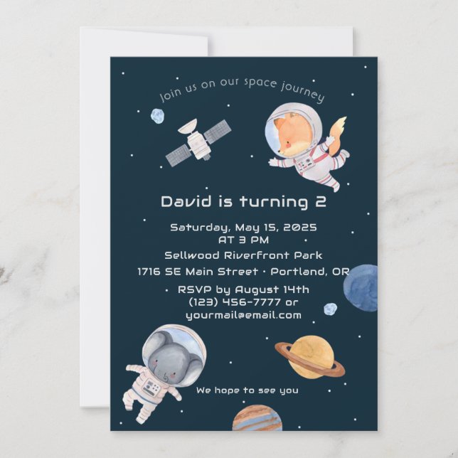Space Adventure: Planets and Animals Astronauts Invitation (Front)