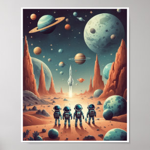 Space adventure planets rockets cute aliens galaxy poster