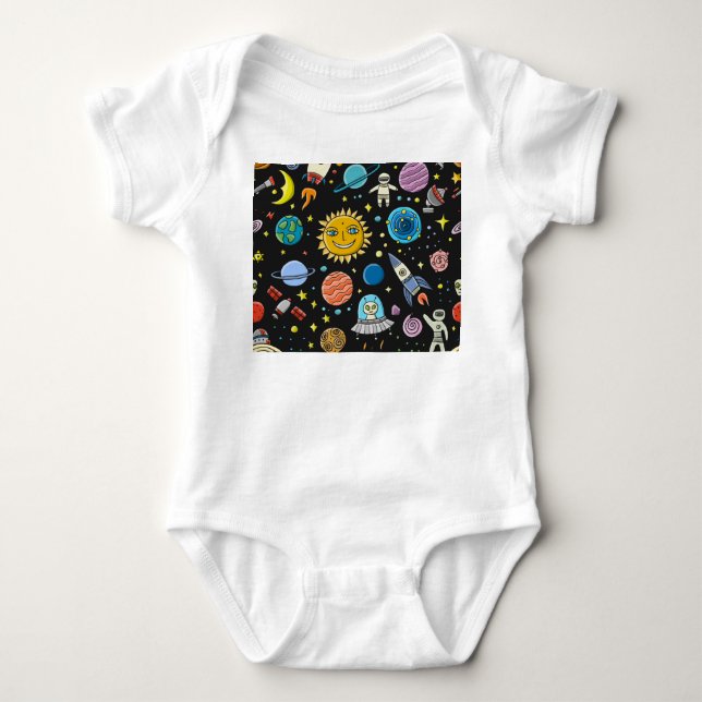 Space adventure: planets, rockets pattern. baby bodysuit (Front)