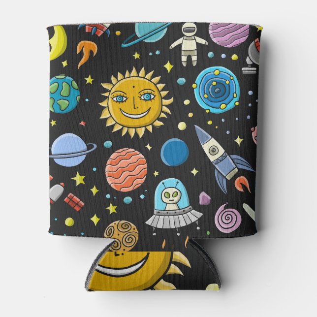 Space adventure: planets, rockets pattern. can cooler (Front)