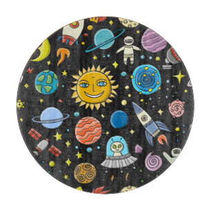 Space adventure: planets, rockets pattern. cutting board