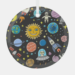 Space adventure: planets, rockets pattern. glass tree decoration