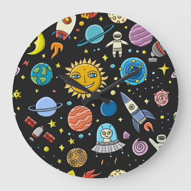 Space adventure: planets, rockets pattern. large clock (Front)