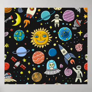 Space adventure: planets, rockets pattern. poster