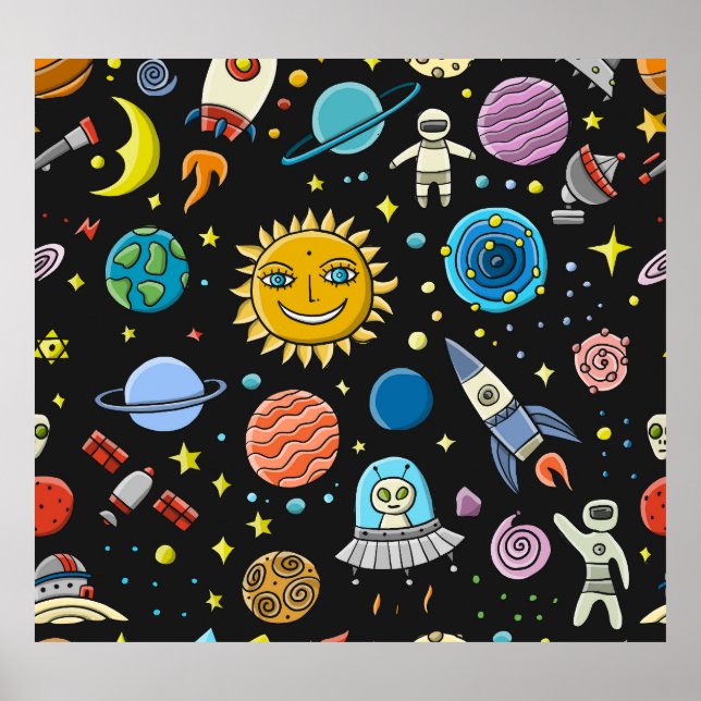 Space adventure: planets, rockets pattern. poster (Front)