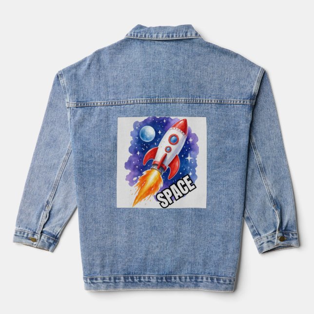 Space Adventure Poster | Adventure Awaits Among  Denim Jacket (Back)