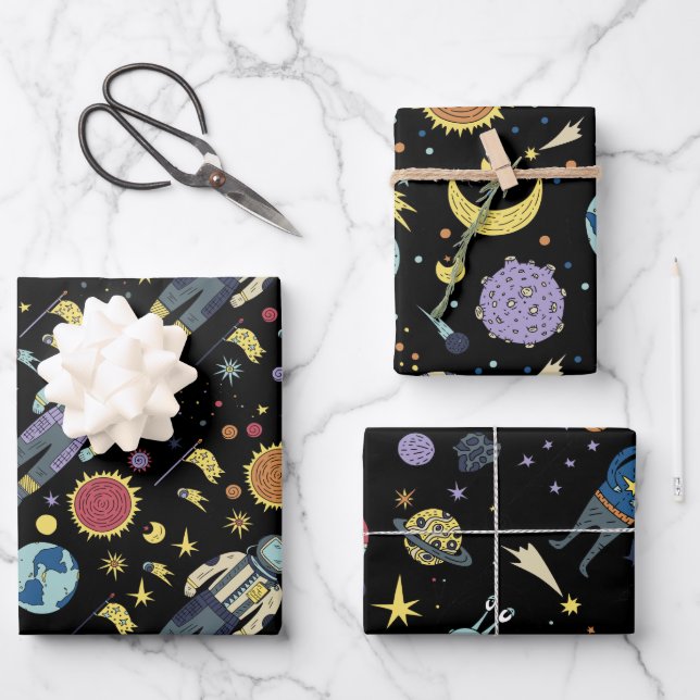 Space Adventure Themed Wrapping Paper Sheets (Front)