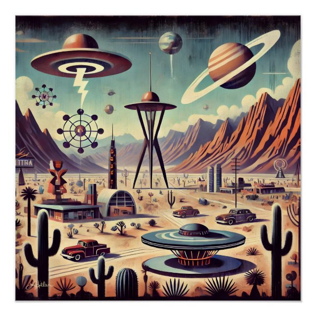 Space Age Alien Desert Invasion Fantasy Art Poster (Front)