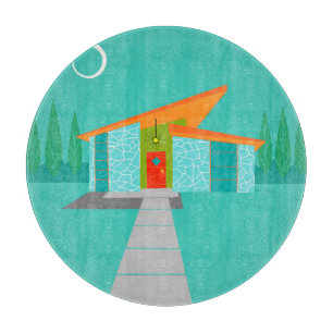 Space Age Cartoon House Glass Cutting Board