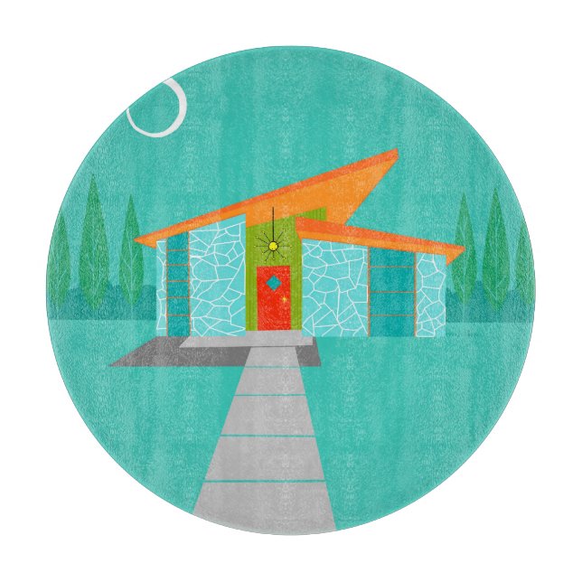 Space Age Cartoon House Glass Cutting Board (Front)