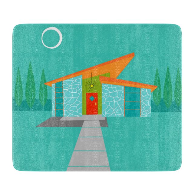 Space Age Cartoon House Glass Cutting Board (Front)