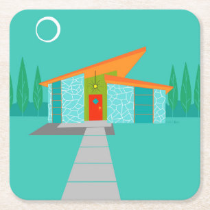 Space Age Cartoon House Hard Paper Coasters