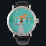 Space Age Cartoon Leather Watch<br><div class="desc">This Space Age Cartoon House Leather Watch is a retro lover’s dream come true. The minimalist art design features an aqua stone house with large, peacock blue windows. Hanging from the atomic, slanting, orange roof, a yellow sputnik light fixture illuminates the front door. The recessed red front door with starburst...</div>