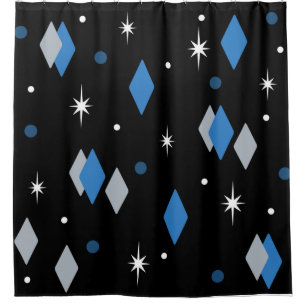 Space Age Diamonds Blue Black Shower Curtain
