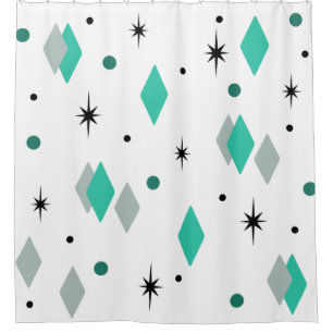 Space Age Diamonds Turquoise White Shower Curtain
